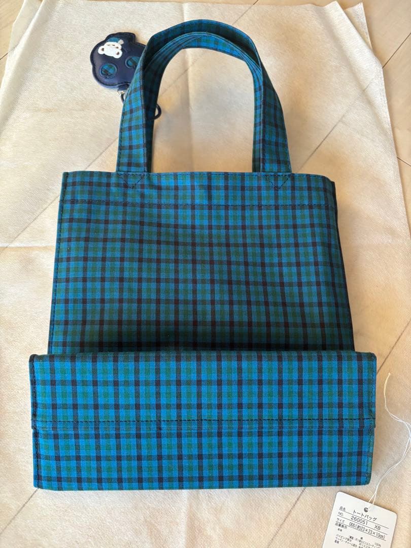 ファミリア 青チェックトートバッグ 小
