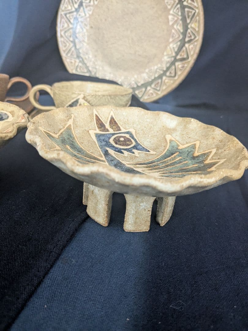 【北川稔一氏作】沖縄やちむん 陶器カップ＆ソーサーと皿セット