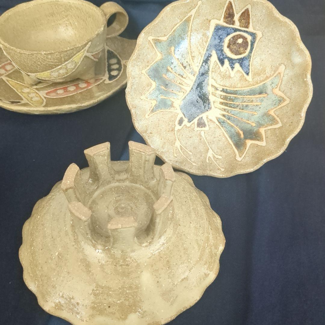 【北川稔一氏作】沖縄やちむん 陶器カップ＆ソーサーと皿セット