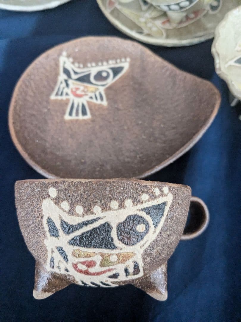 【北川稔一氏作】沖縄やちむん 陶器カップ＆ソーサーと皿セット