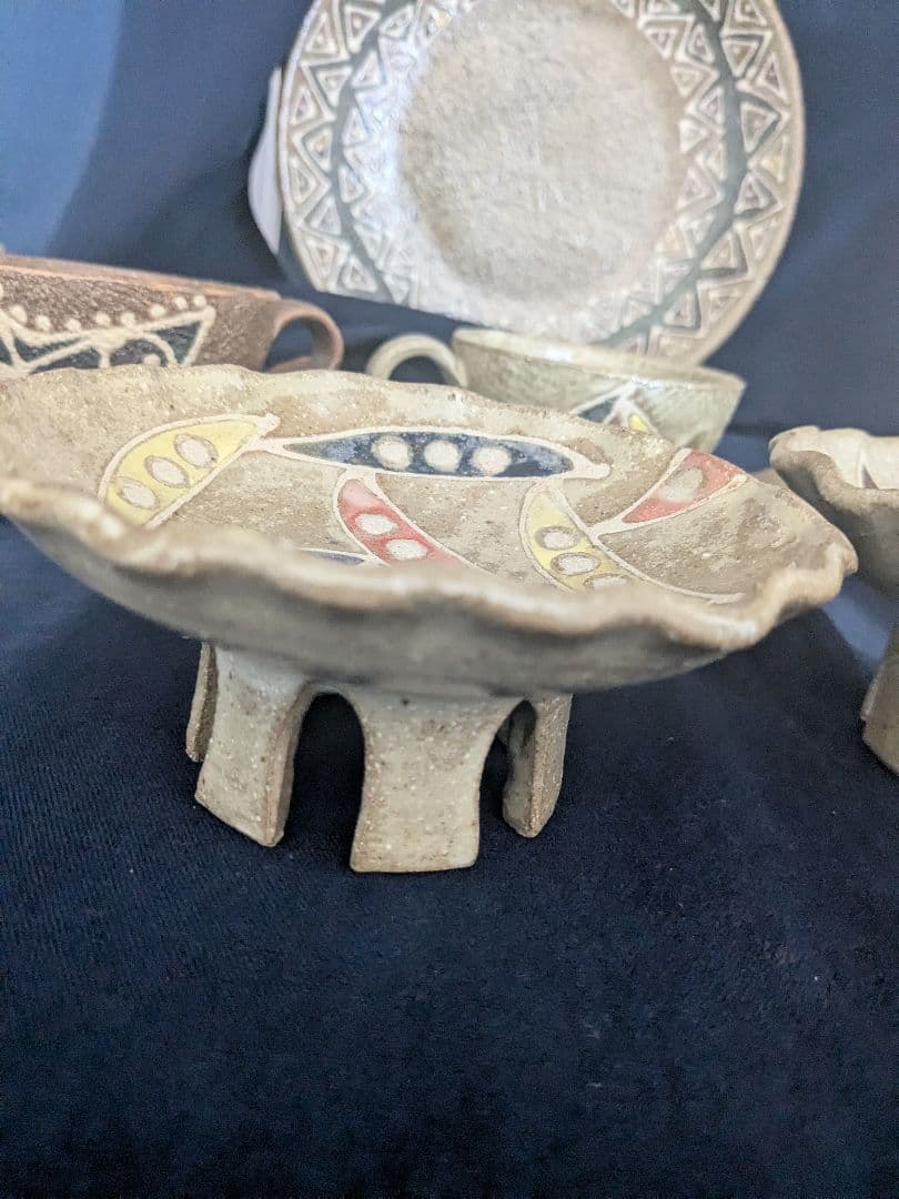 【北川稔一氏作】沖縄やちむん 陶器カップ＆ソーサーと皿セット