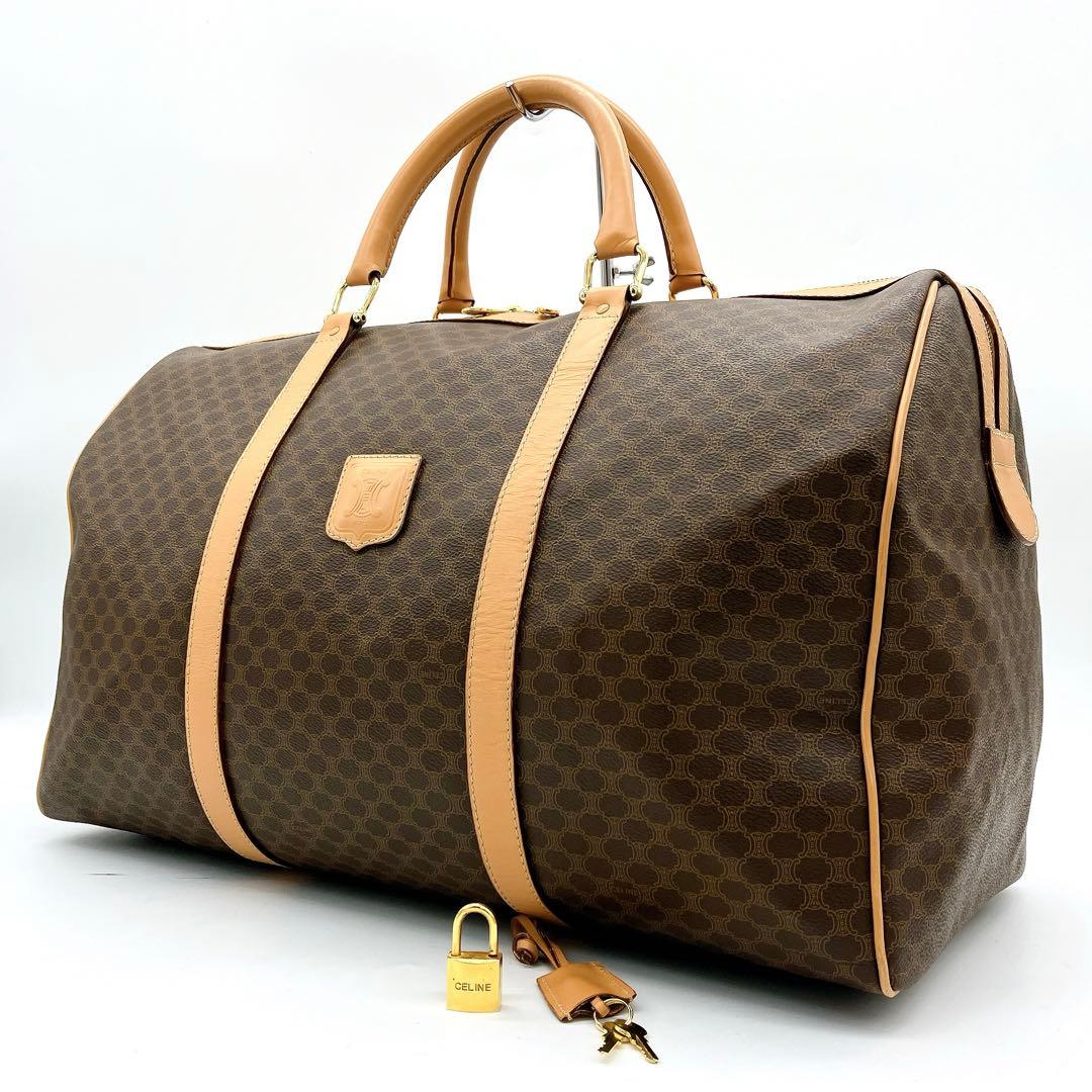 【CELINE】ボストンバッグ　マカダム柄　ゴールド金具　ダークブラウン　南京錠