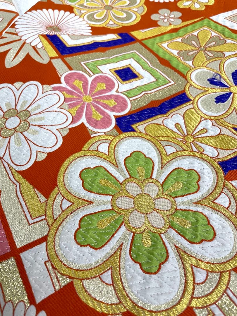 成人式　振袖フルセット　1106 正絹振袖　古典総柄　縮緬　青　オレンジ