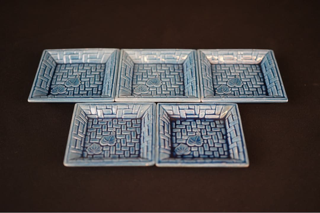 淡路珉平焼 青釉 草文 四方小皿 5客 / 角皿 向付 豆皿 懐石料理道具