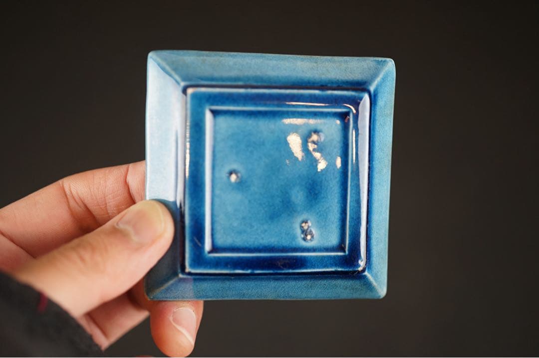 淡路珉平焼 青釉 草文 四方小皿 5客 / 角皿 向付 豆皿 懐石料理道具