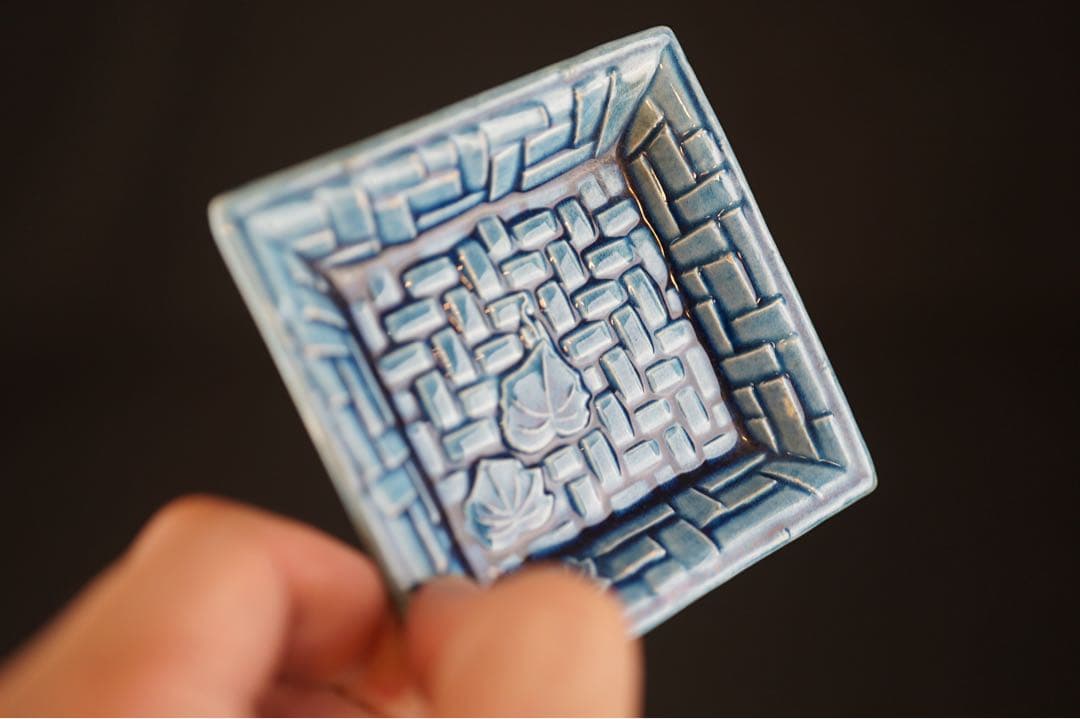 淡路珉平焼 青釉 草文 四方小皿 5客 / 角皿 向付 豆皿 懐石料理道具