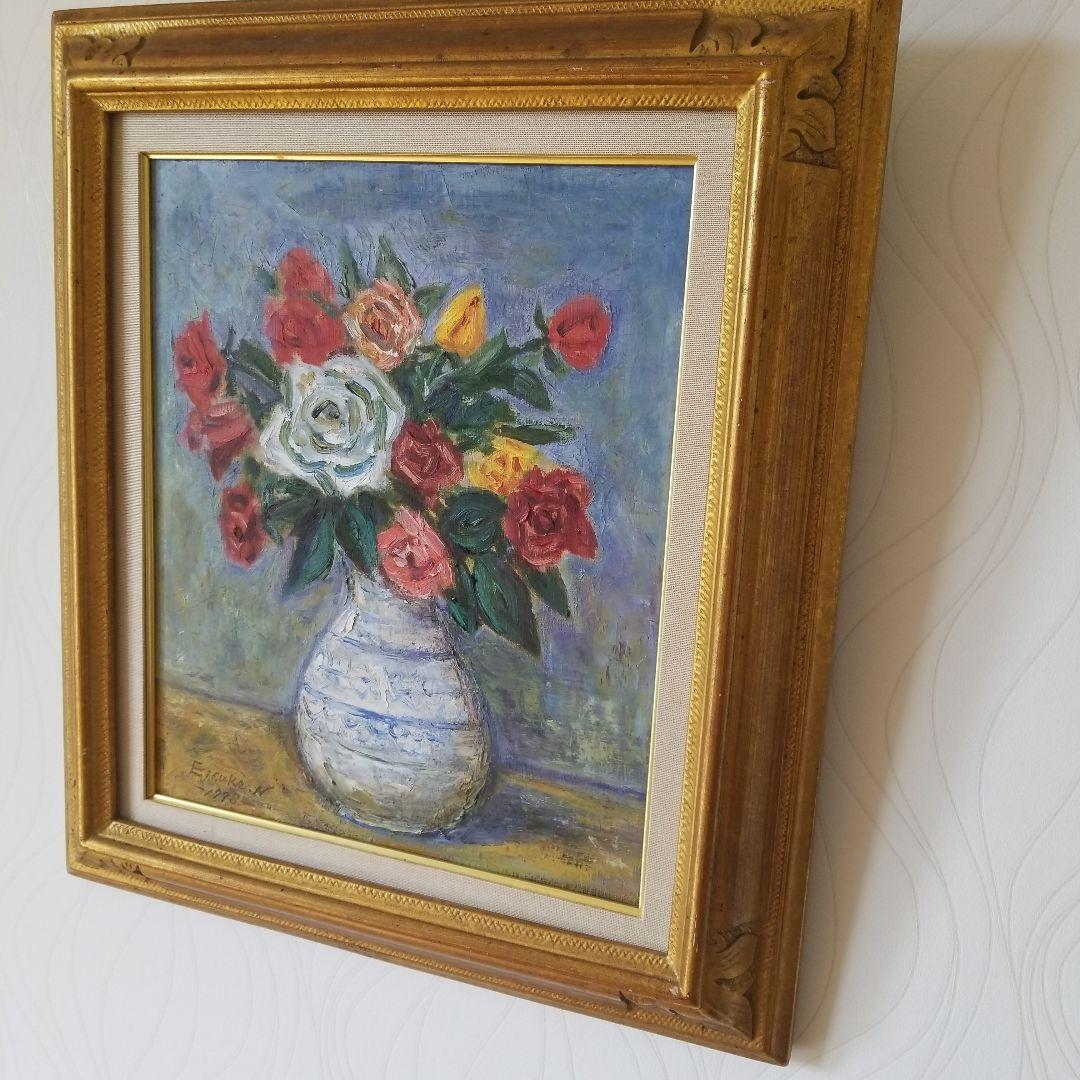 絵画　ばら《薔薇》静物画　油絵　F8 額付き