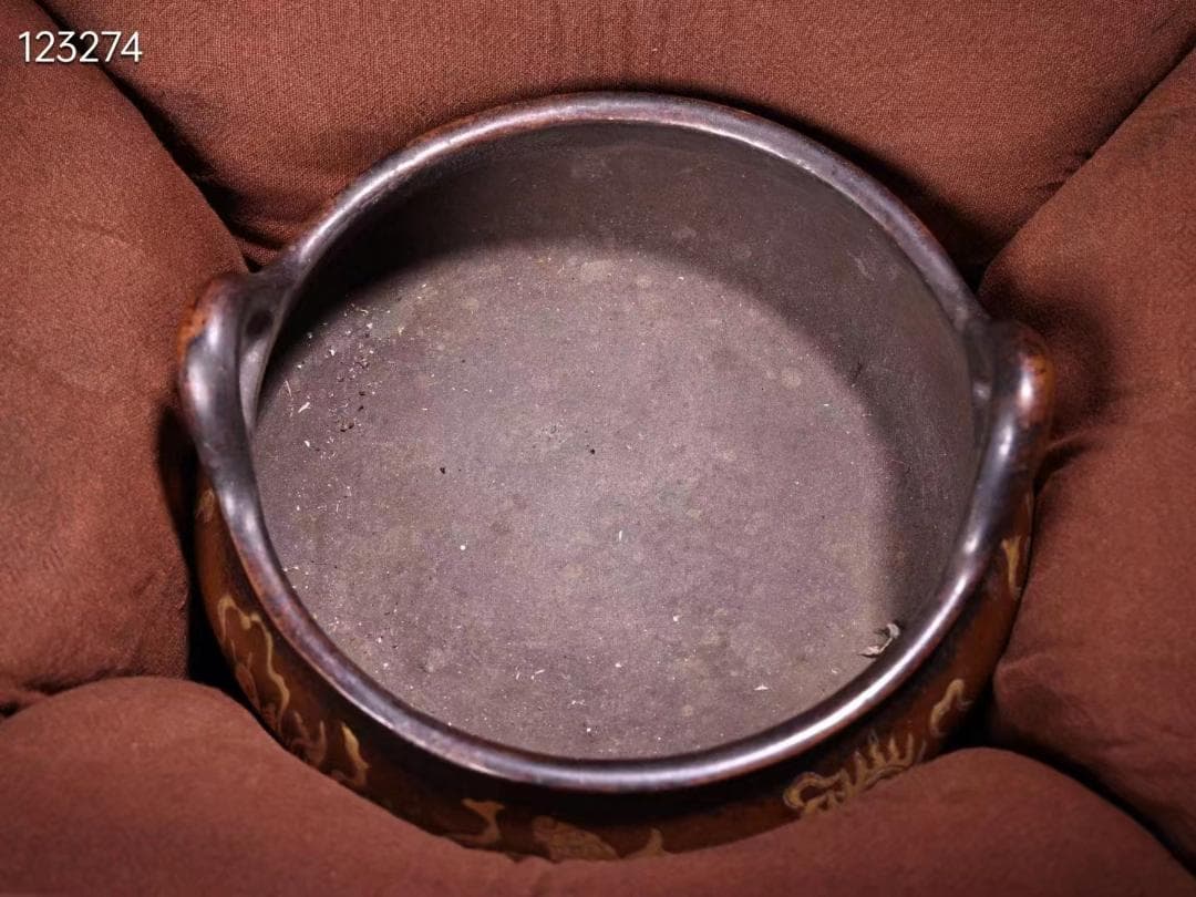 珍品旧蔵収純銅高レリーフ錾刻鎏金吉祥八宝香炉·老紅木箱付き・文房具·置物·稀少品