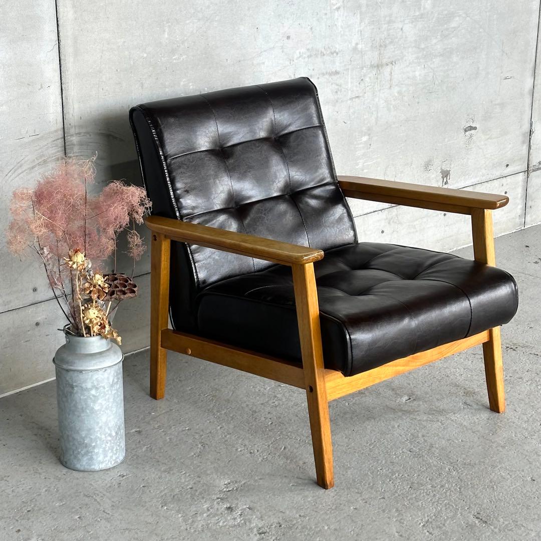 ✦昭和レトロ✦喫茶店風 木肘ソファ｜ブラックPUレザーチェア ヴィンテージ家具