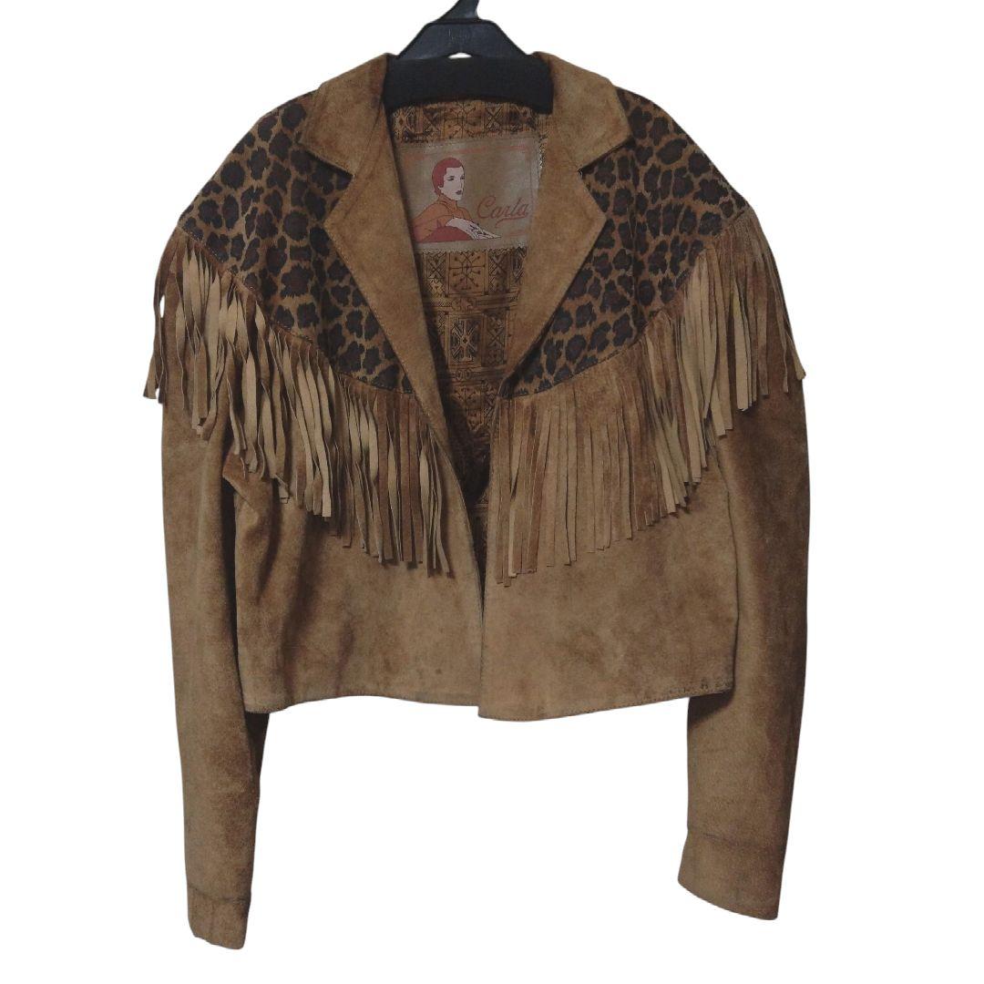 Vintage レザー　フリンジ　レオパード　ジャケット　ショート丈　itimi
