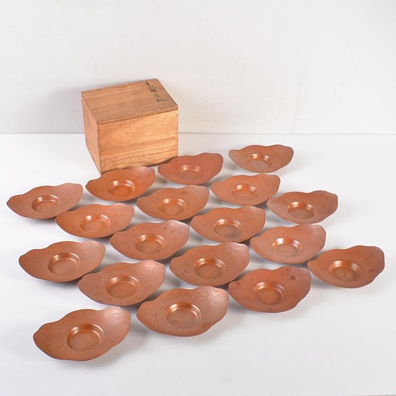 煎茶道具　素銅　木瓜式　茶托　十八客　合計約1429g　在銘　共箱　MR7539