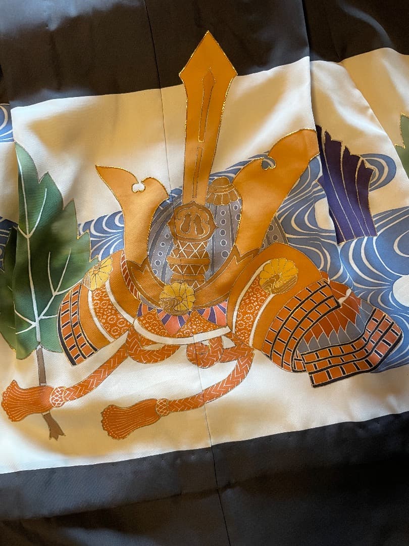 753 男の子用着物フルセット（足袋なし）絹　子供用着物 黒と白の波模様