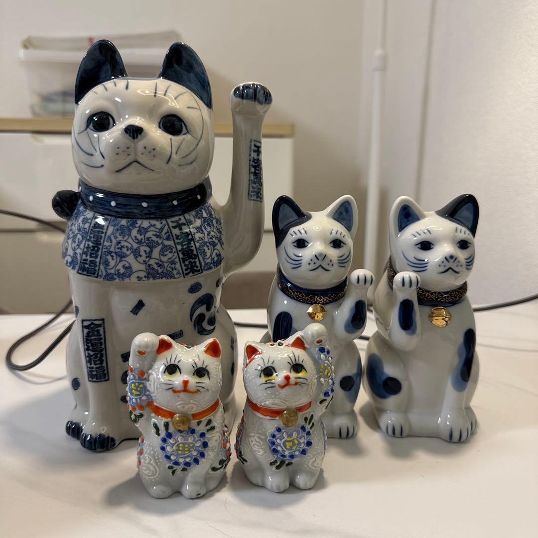 招き猫　薬師窯　陶器　千客万来　商売繁盛　開運　招福　金運満足　5点セット