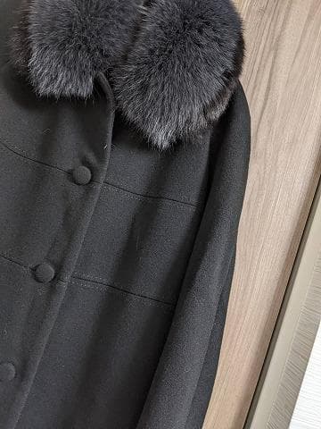 A832 カシミヤ　ウール　フォックス　毛皮　ロングコート　着丈110㎝　黒