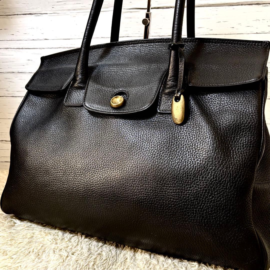 トフアンドロードストーン トートバッグ ルーフボタン レザー シボ革A4PC可黒