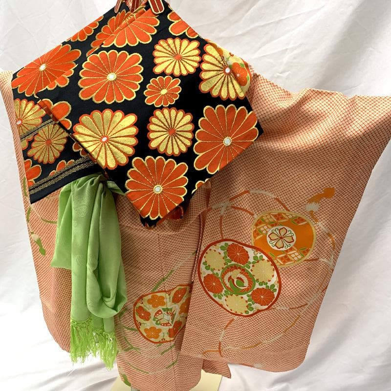 410ag120□七五三 七歳 女児 着物&袋帯&長襦袢 金駒刺繍□状態良好