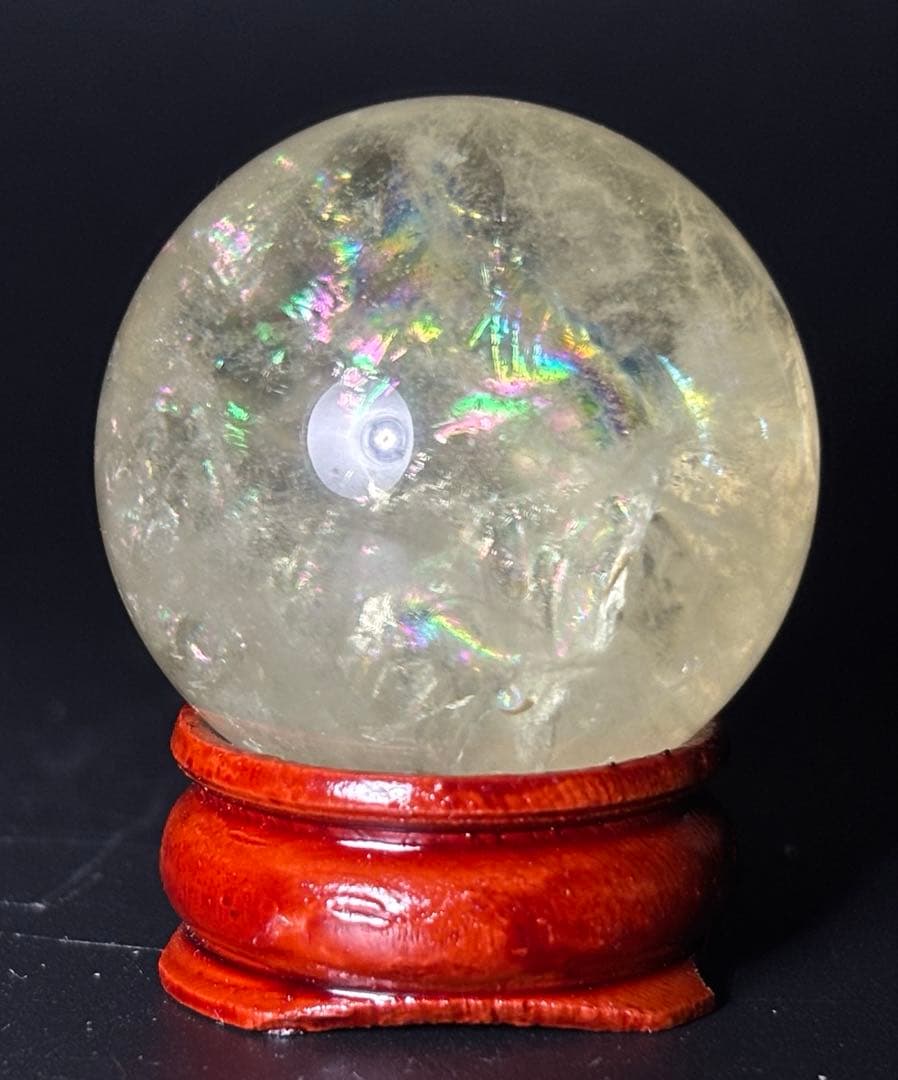 天然石　金運　アイリスシトリンスフィア　台座付き　透明、大量虹入り