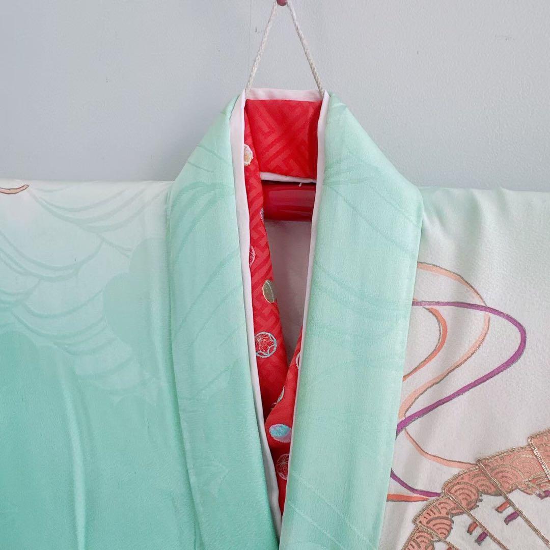 フルセット　七五三　７歳女の子　若草色　扇金糸　黒袋帯のし　半衿付長襦袢7075