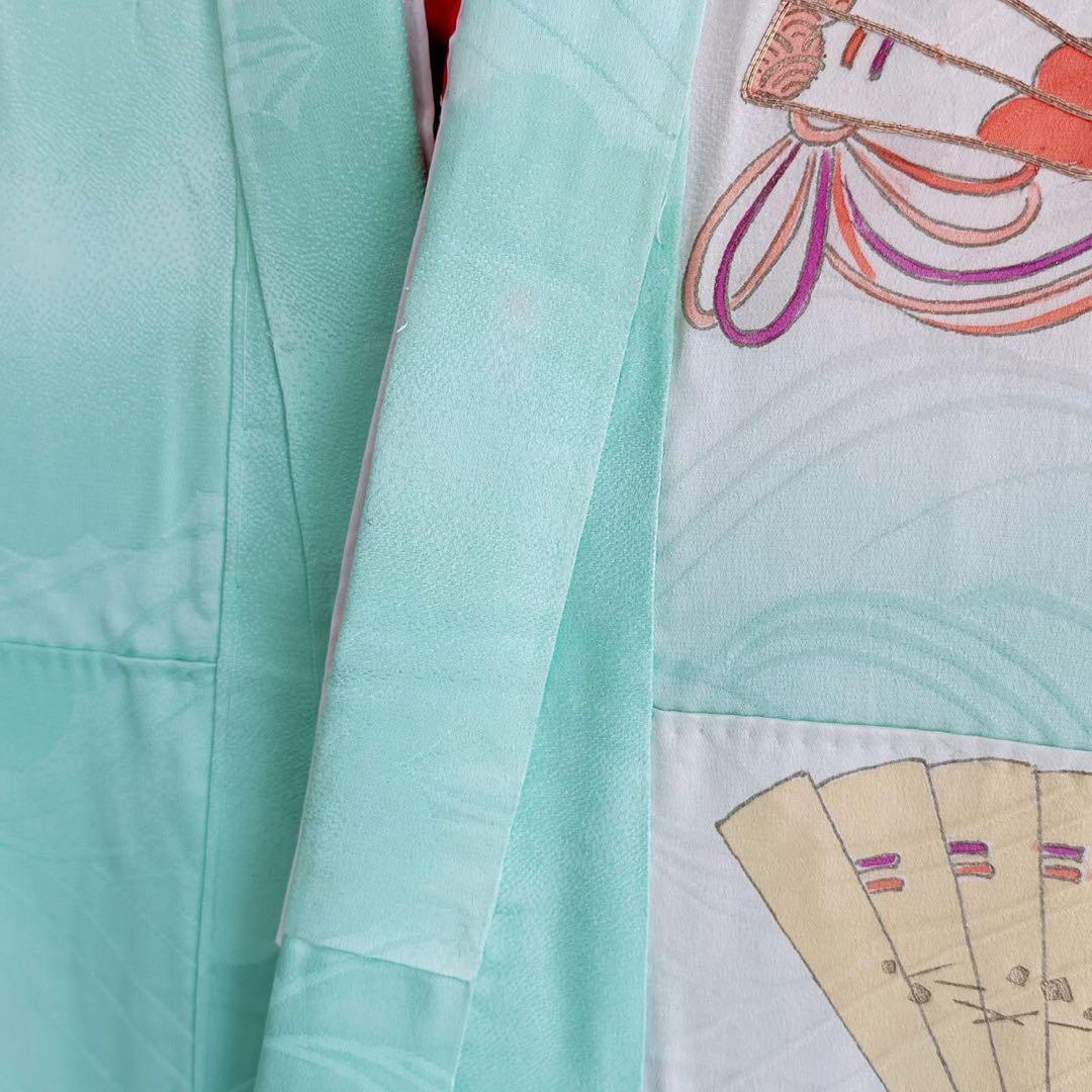 フルセット　七五三　７歳女の子　若草色　扇金糸　黒袋帯のし　半衿付長襦袢7075