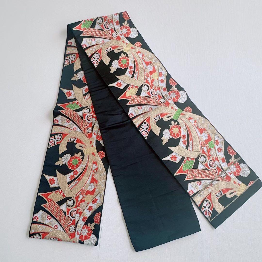 フルセット　七五三　７歳女の子　若草色　扇金糸　黒袋帯のし　半衿付長襦袢7075