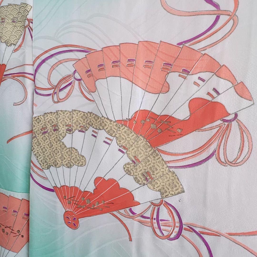 フルセット　七五三　７歳女の子　若草色　扇金糸　黒袋帯のし　半衿付長襦袢7075