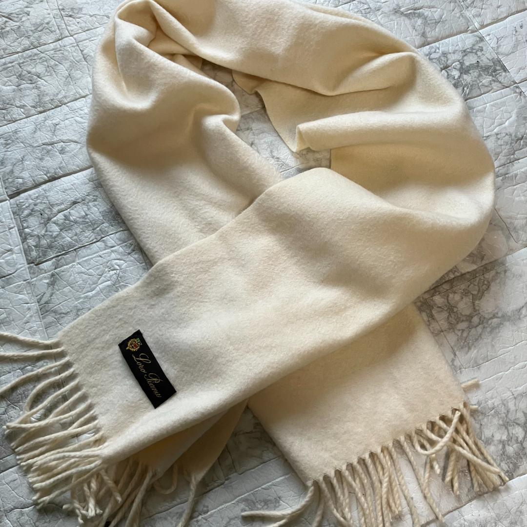 美品◎ロロピアーナ カシミヤ100% ウェーブ加工 フリンジマフラー アイボリー