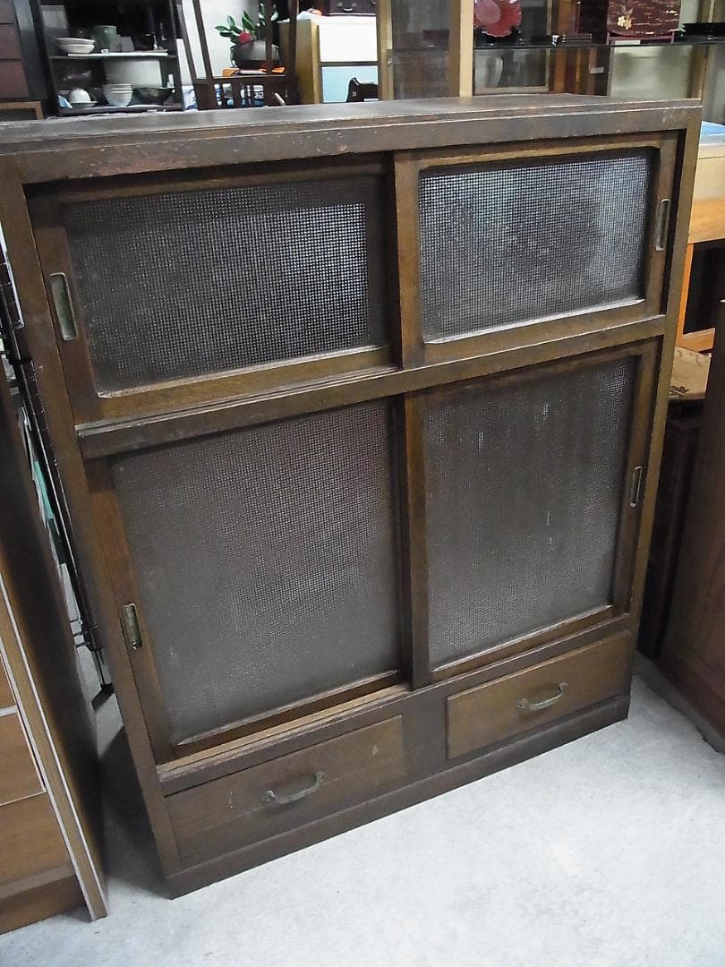 アンティーク　木製キャビネット　茶箪笥　収納　飾り棚　レトロガラス戸