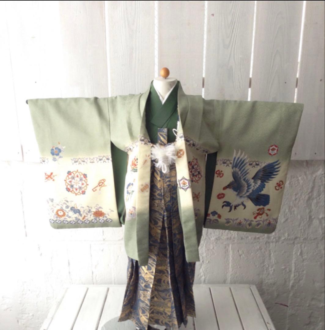 七五三　着物　男の子　5歳　足袋・下駄つき　黄緑　兜　緑　袴　中古