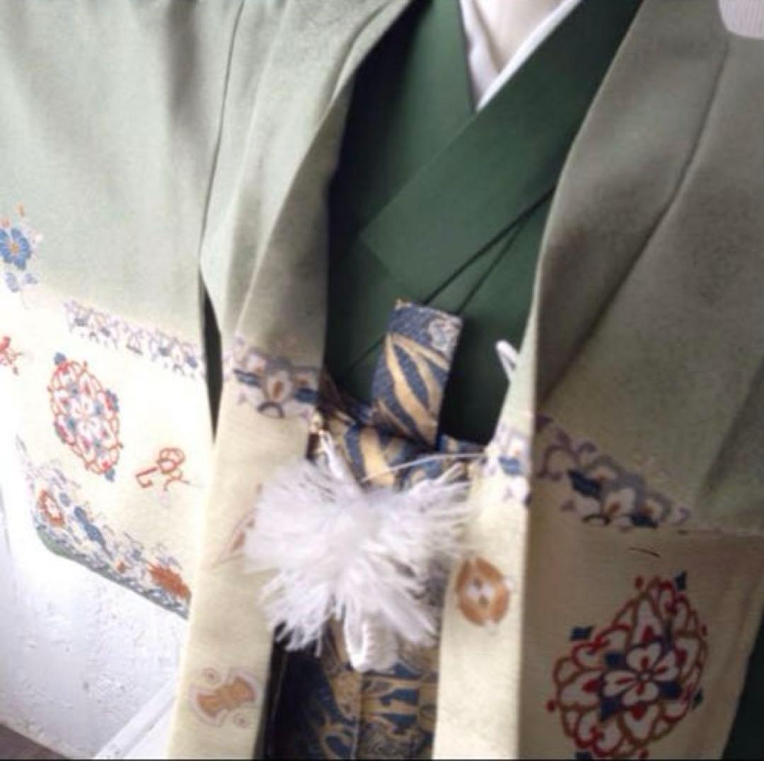 七五三　着物　男の子　5歳　足袋・下駄つき　黄緑　兜　緑　袴　中古