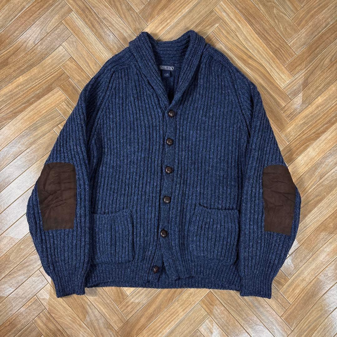 usa製ランズエンド ショールカラー ウール肉厚カーディガン エルボーパッチ