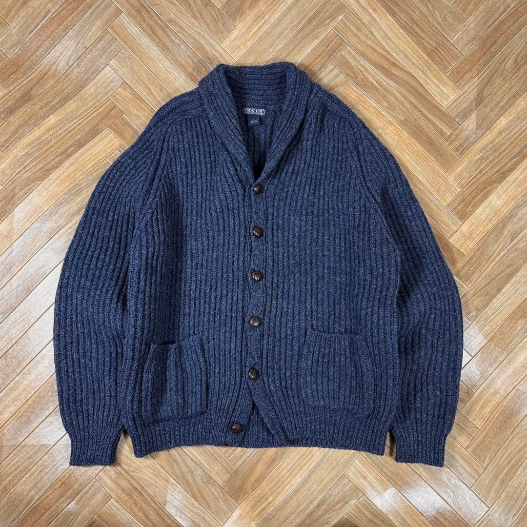 usa製ランズエンド ショールカラー ウール肉厚カーディガン エルボーパッチ