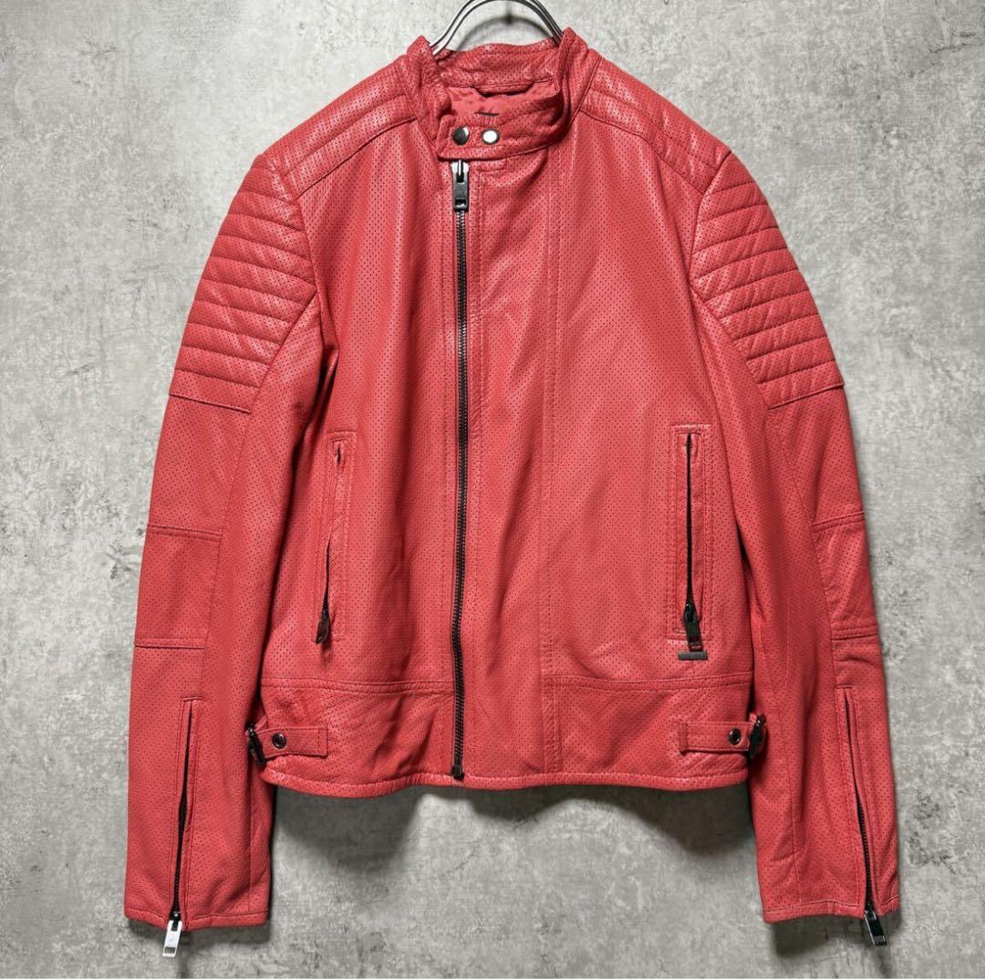 DIESEL ディーゼル　シープスキンライダースジャケット　羊革　パンチング　赤