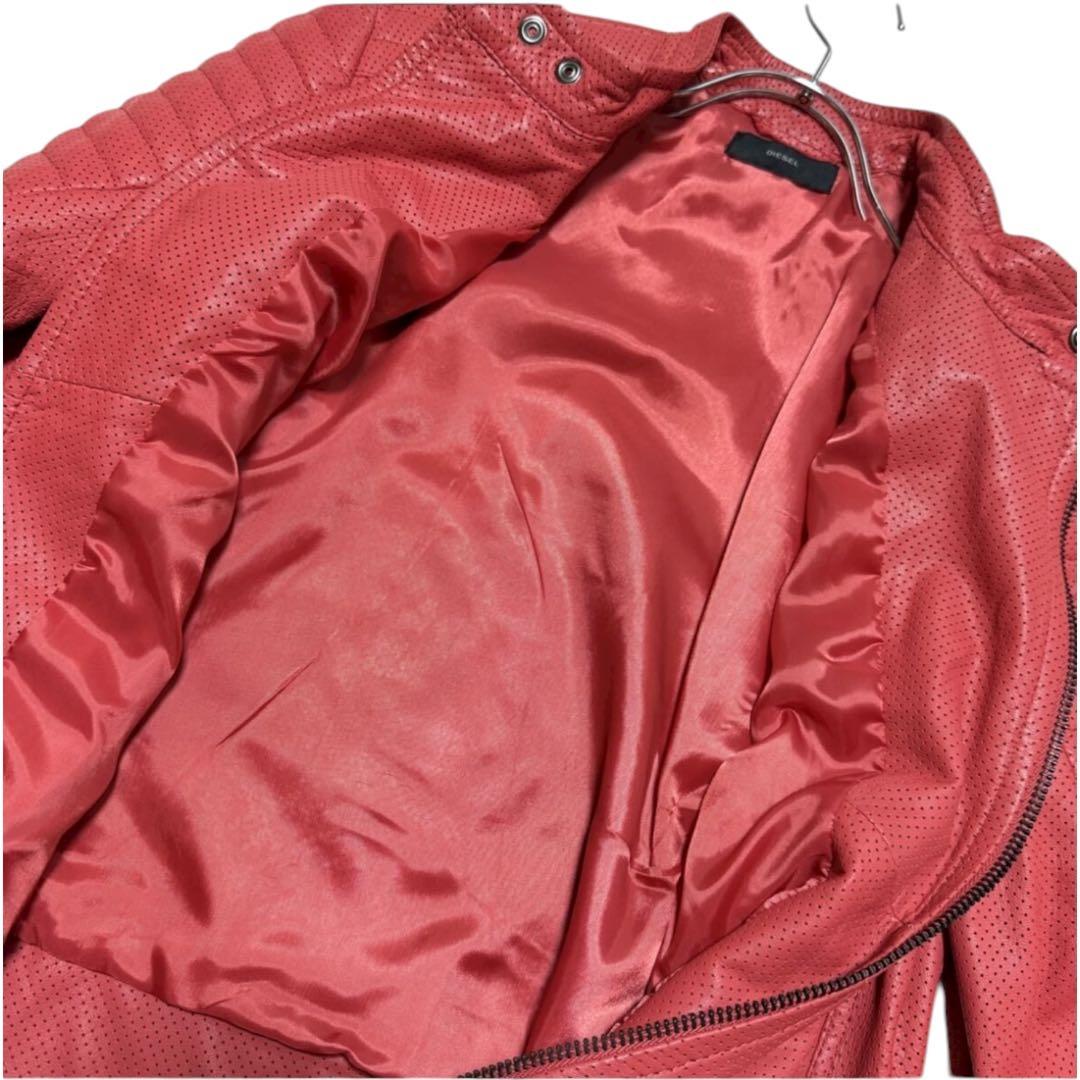 DIESEL ディーゼル　シープスキンライダースジャケット　羊革　パンチング　赤