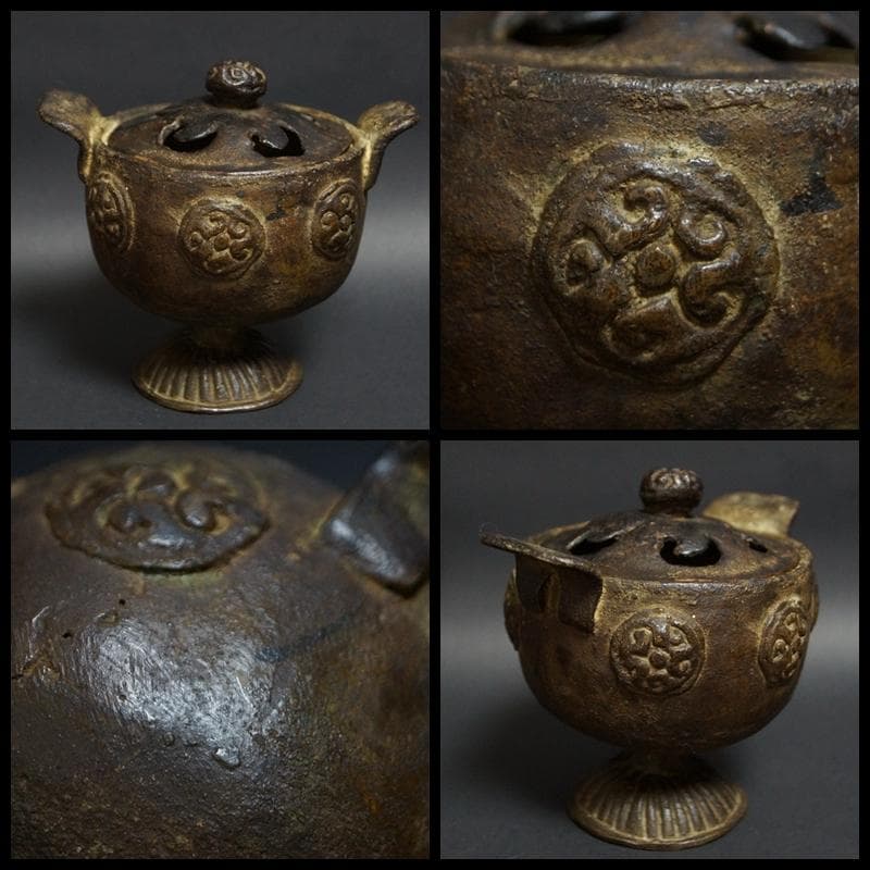 江戸期 蓮形 古銅製薫香炉 金工細工浮彫『円渦文』寺院香炉 ★時代物★