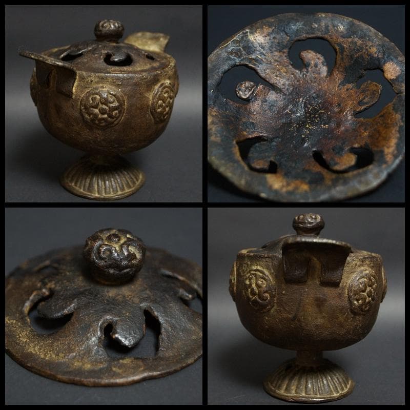 江戸期 蓮形 古銅製薫香炉 金工細工浮彫『円渦文』寺院香炉 ★時代物★