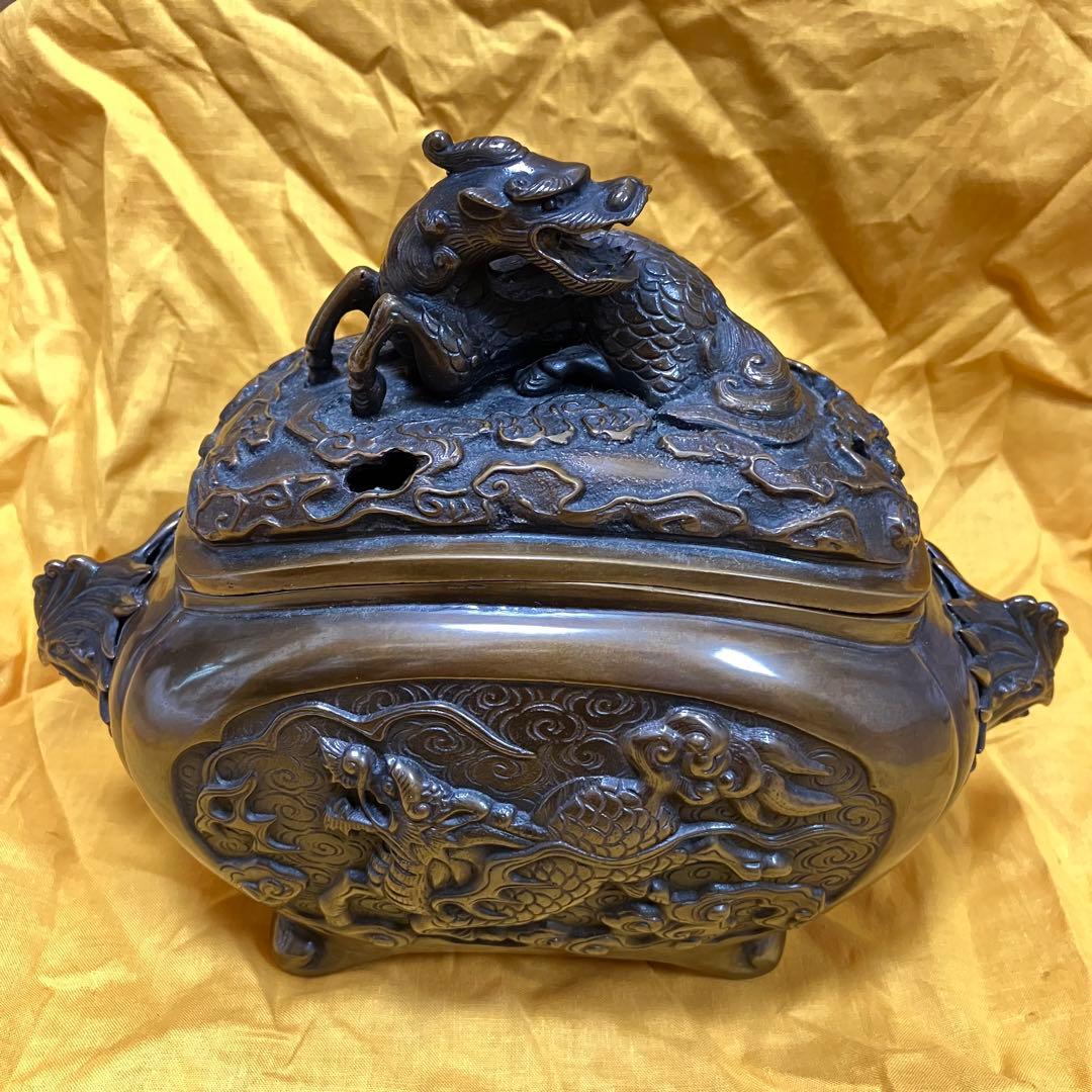 【美品】銅製 麒麟 鳳凰 香炉 置物 入れ物