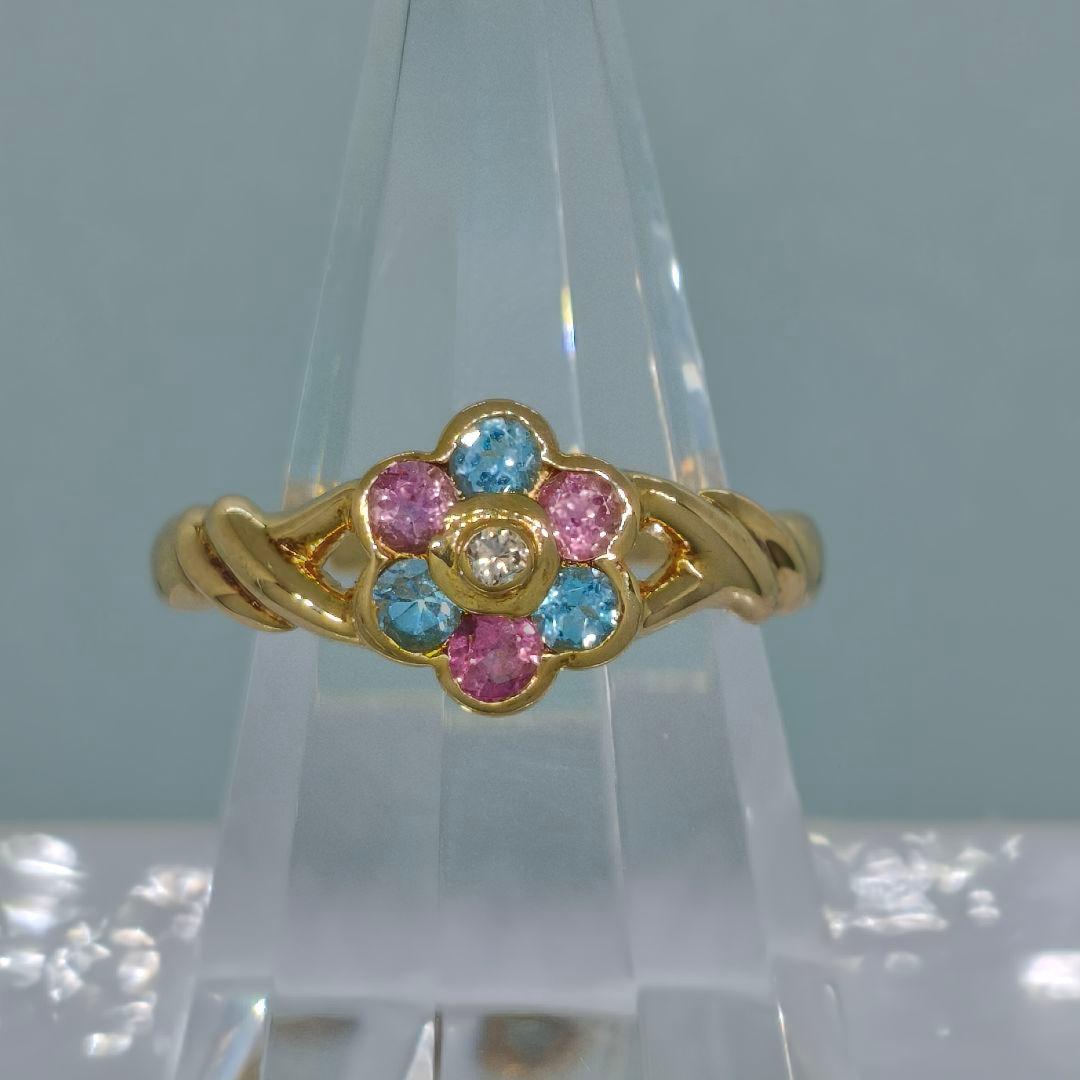 ◆新品◆ K18 ブルートパーズ＆ピンクトルマリン＆ダイヤ リング