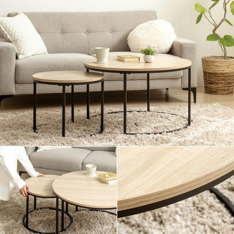 円形ネストテーブル 大小2点セット ライトナチュラル(木目柄) [2044]