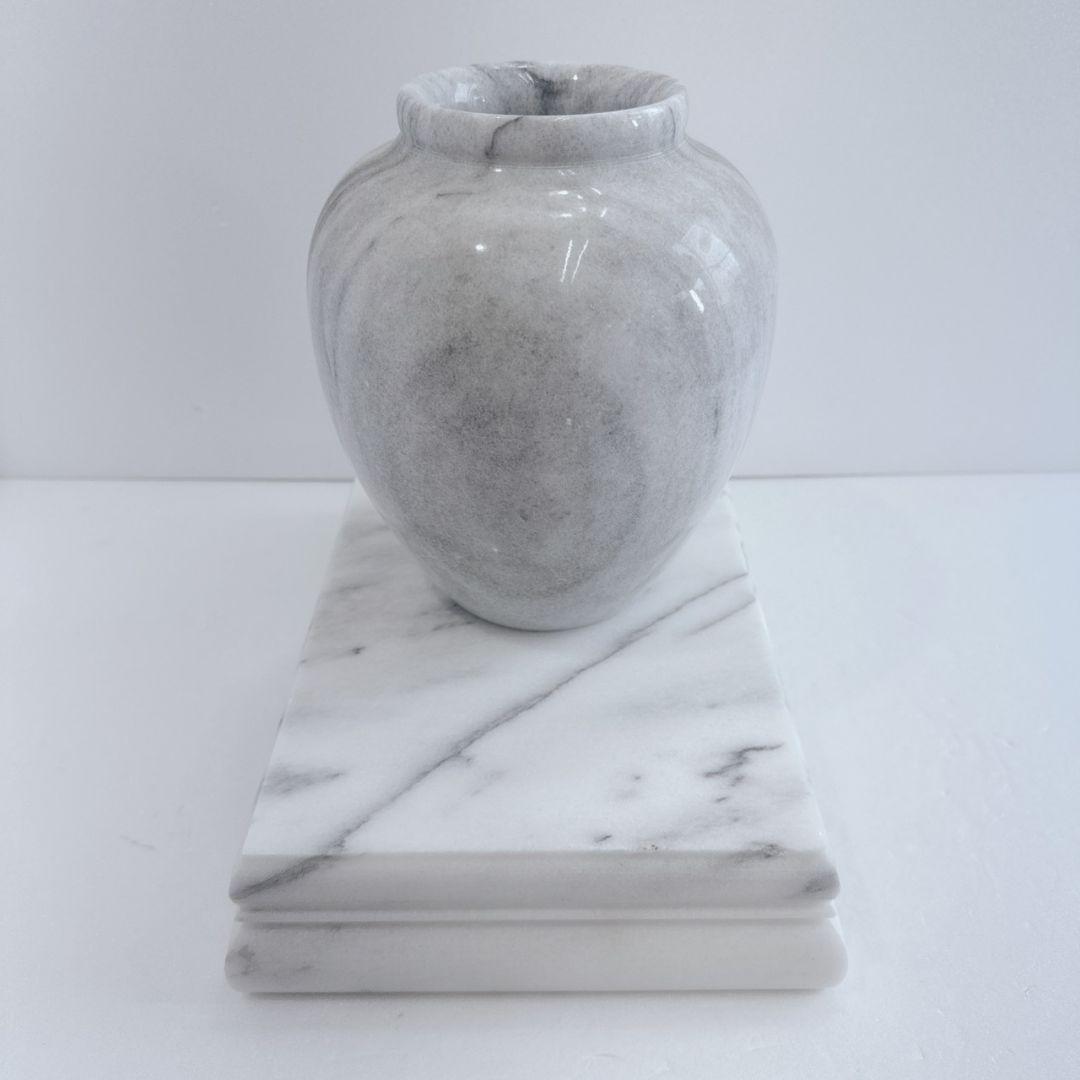 大理石 丸型花瓶 台座付き 白 灰色 マーブル模様 壺 花器 花台