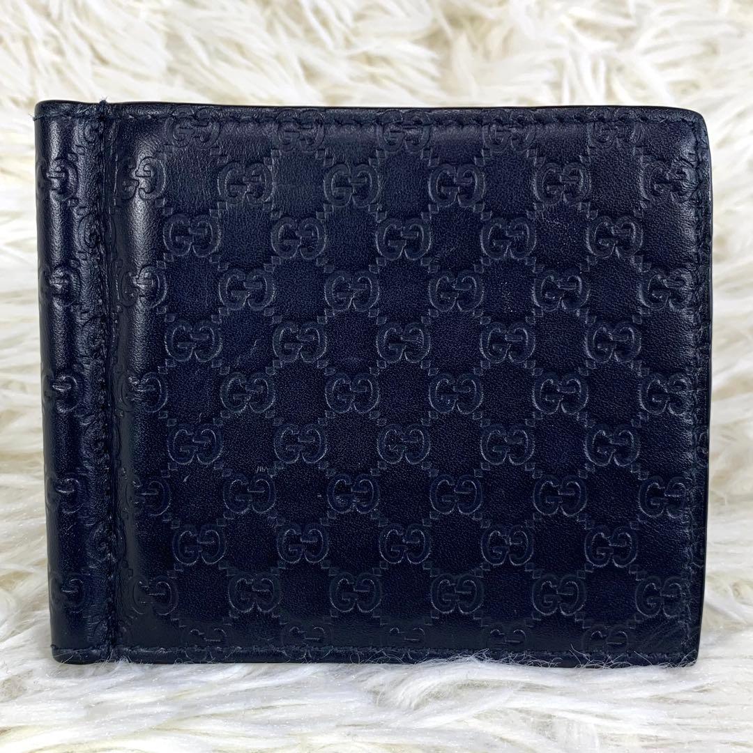 美品ꕥグッチ 折り財布 マネークリップ GG マイクロシマ レザー ネイビー