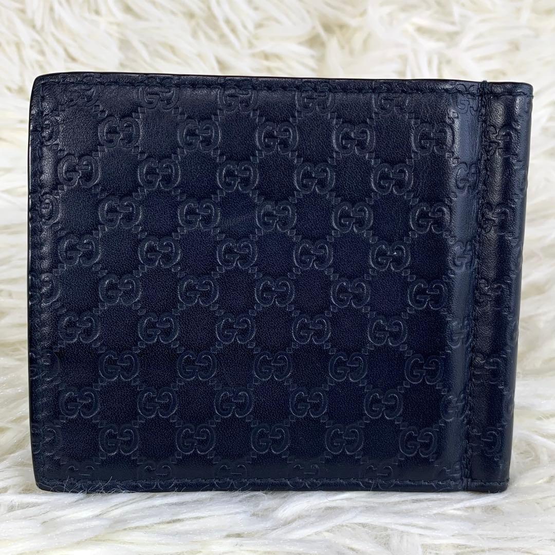 美品ꕥグッチ 折り財布 マネークリップ GG マイクロシマ レザー ネイビー