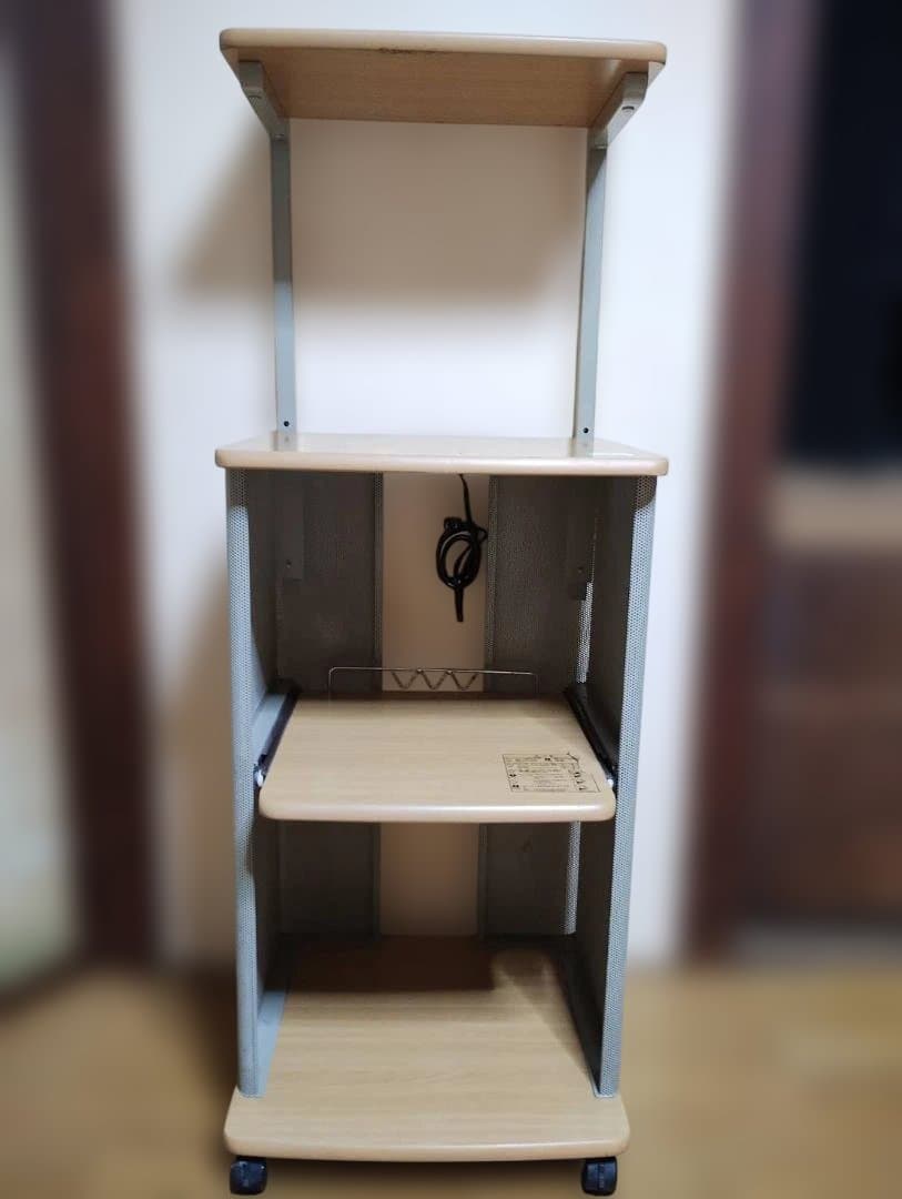 レンジ台レンジラック4段電源2口スライド棚高耐荷重鋼板メッシュ頑丈設計キャスター