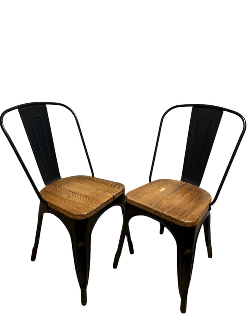 【美品】アイアンチェア 木製座面 ダイニングチェア カフェ風 2脚セット