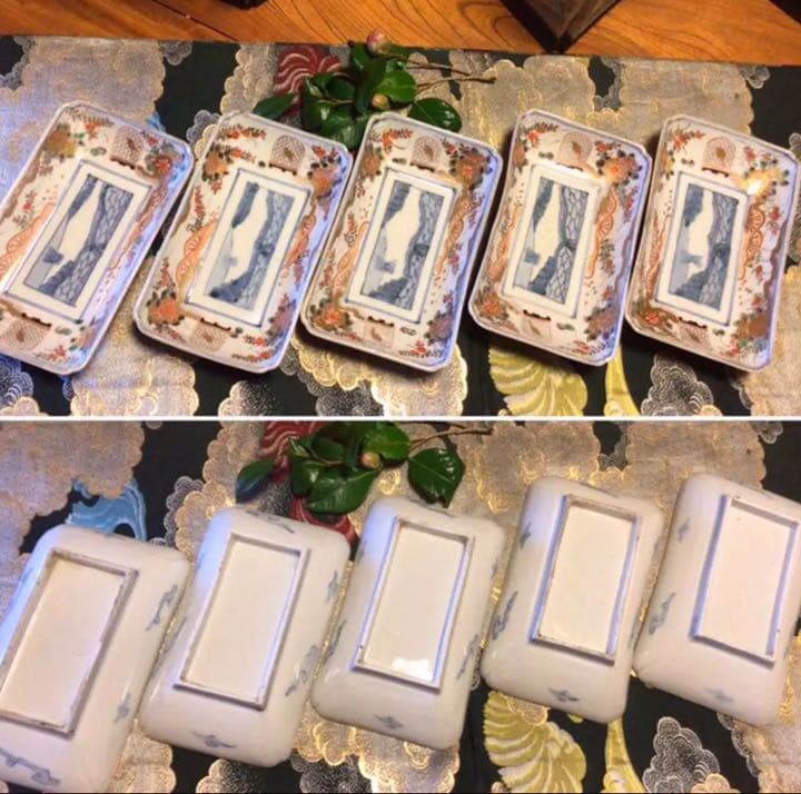 A500 古伊万里　染錦手　籠に鳥　水車草花紋様　隅切長皿　5枚