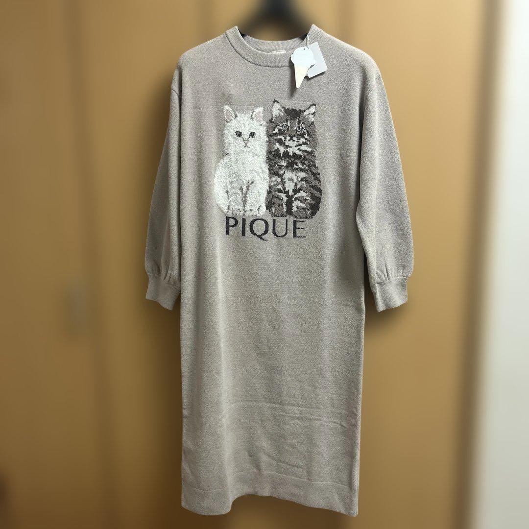 ジェラートピケ　ツインキャットジャガードワンピース　猫　タグ付き　ベージュ