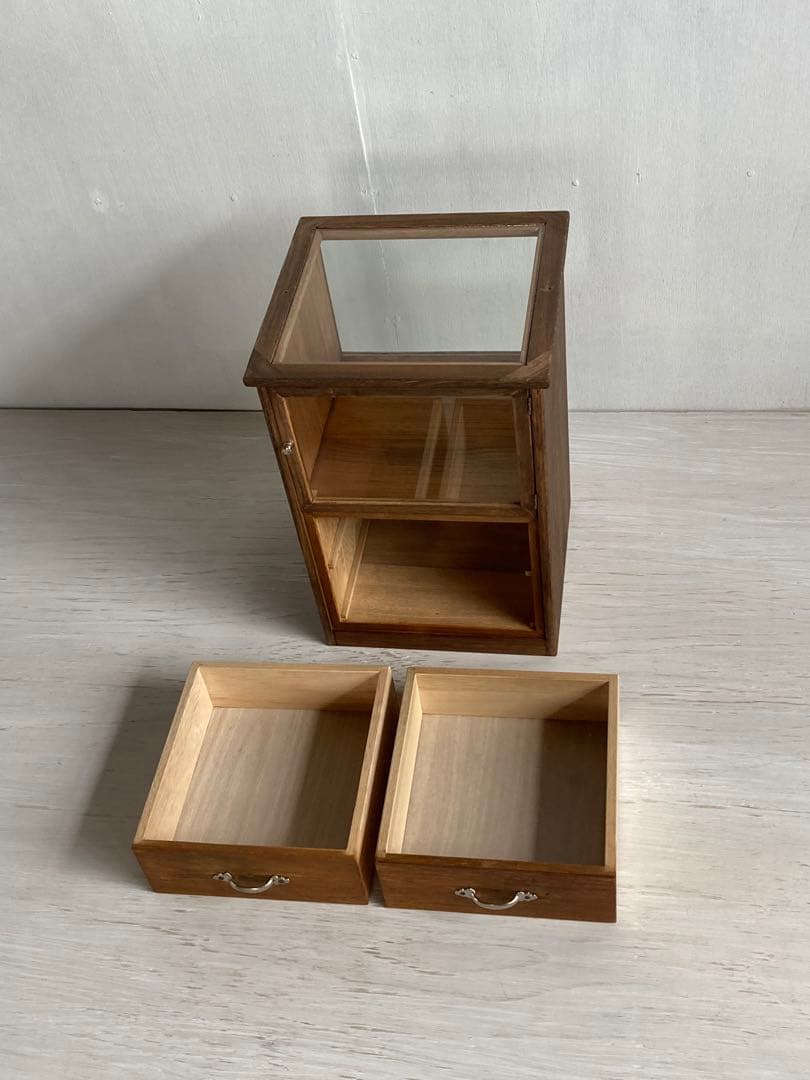 木製ガラスケース 引き出し付き 卓上 ショーケース 小物入れ