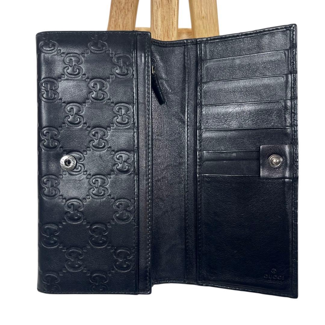 グッチ　ロゴプレート 長財布　GGシマレザー　エンボス加工　本革　ブラック　美品