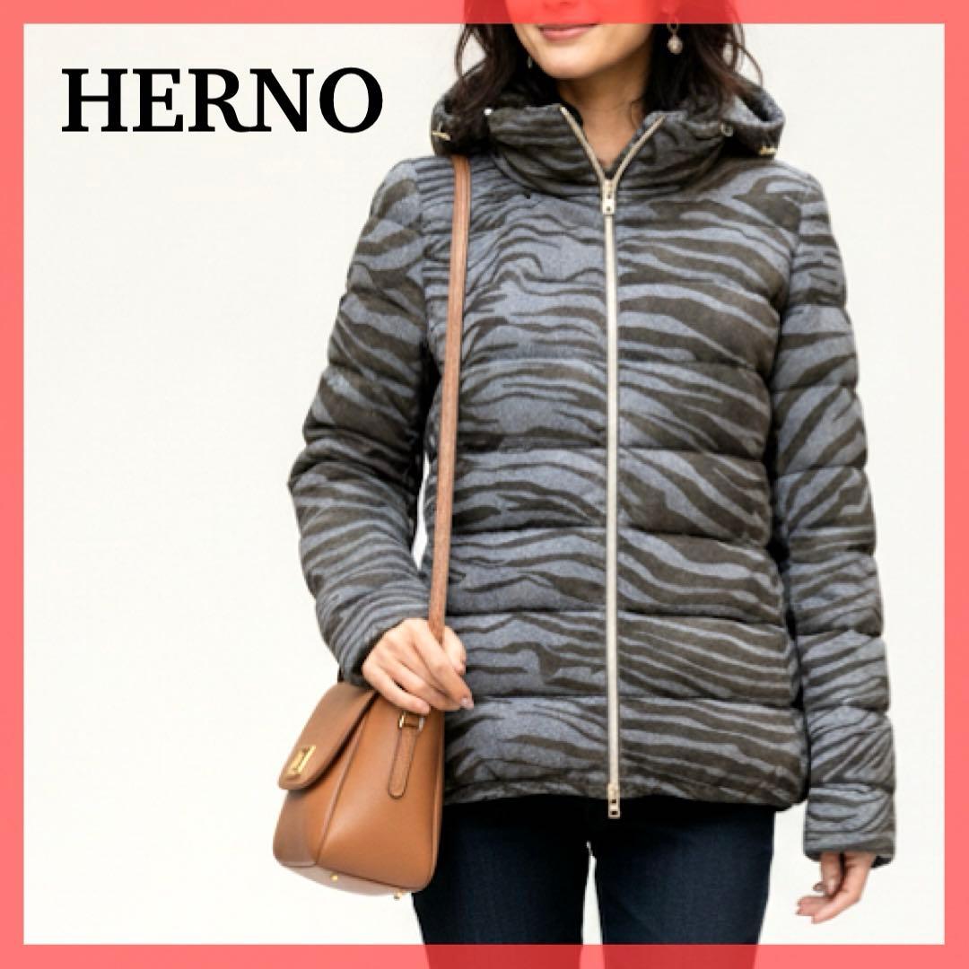 ルミラヘルノ 特殊中綿 キルティングジャケット フード着脱 毛 総柄 M