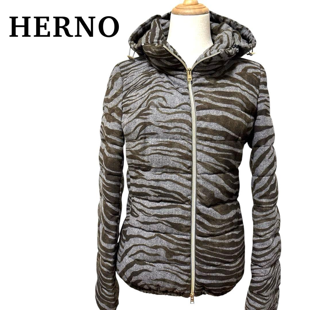 ルミラヘルノ 特殊中綿 キルティングジャケット フード着脱 毛 総柄 M