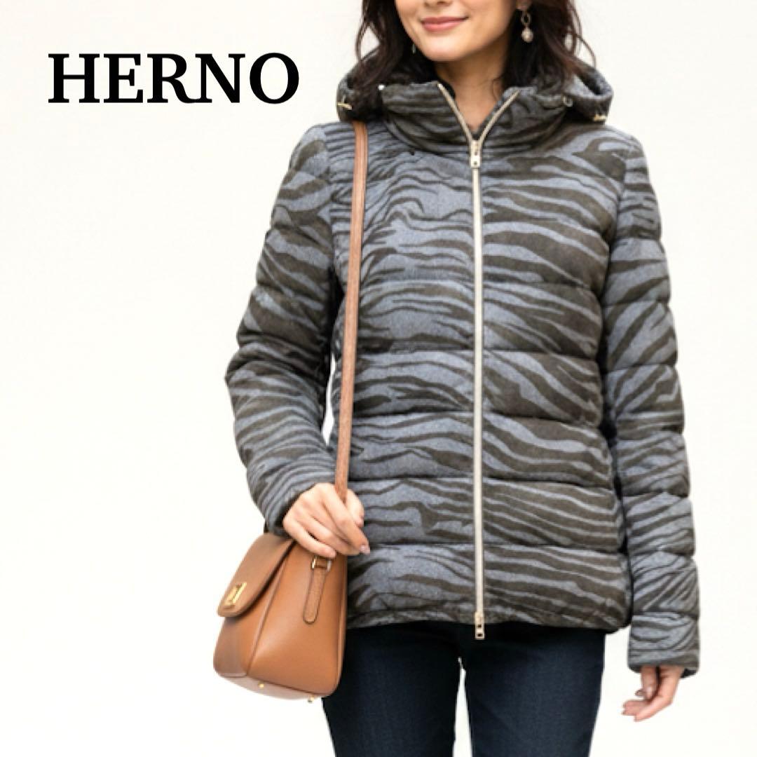 ルミラヘルノ 特殊中綿 キルティングジャケット フード着脱 毛 総柄 M